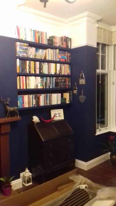 Alcove bookshelves above bureau in blue room