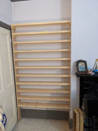Tall alcove shelving unit for CDs and records